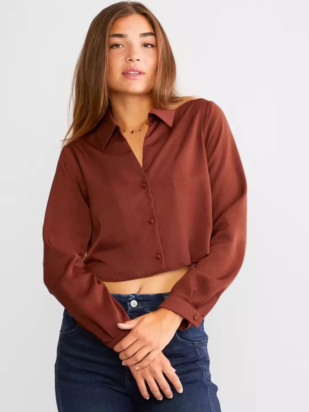 Hyfve Brown Cropped Wrap Button Down